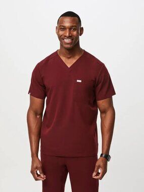 Figs Mens Leon Burgundy Three-Pocket Scrub Top